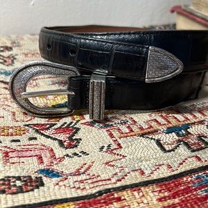 Brighton - Onyx Black Genuine Leather Belt with silver buckle and hardware. 34